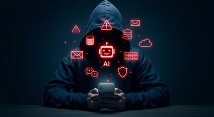 A hooded hacker uses a smartphone with ai icons, symbolizing cybersecurity threats and data breaches in the digital world