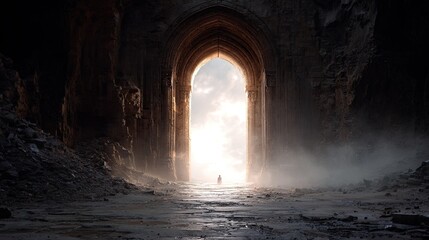 Ancient archway, sunlight, figure