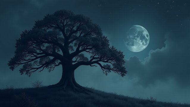 majestic oak stands sentinel amidst tangle leaves gnarled branches stretching towards dramatic inky night