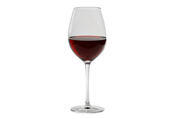 Pristine, elegant, crystal-clear long-stemmed wine glass with vibrant deep red wine, clear meniscus, on transparent background, high-key studio lighting, subtle high-angle view. Concept of luxury and