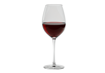 Pristine, elegant, crystal-clear long-stemmed wine glass with vibrant deep red wine, clear meniscus, on transparent background, high-key studio lighting, subtle high-angle view. Concept of luxury and