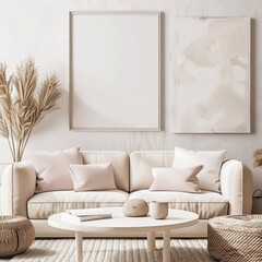 Empty Wall Frame Neutral Living Room Cream Pastel Pink Warm Cozy Minimalist Interior