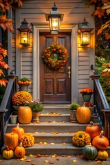 Obraz premium Autumn harvest display featuring pumpkins grapes and a fall leaf