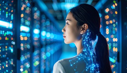 Woman with glowing network lines in modern data center background