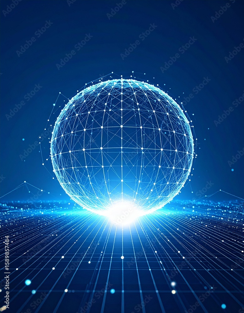 Poster abstract glowing sphere with lines and dots on digital background