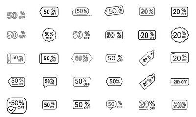 Set of vector discount labels — 50% OFF and 20% OFF icons in outline style, isolated SVG collage on transparent background

