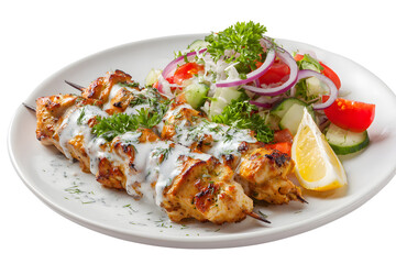 Two chicken shish kebabs and a white dressing sauce on top on a transparent background
