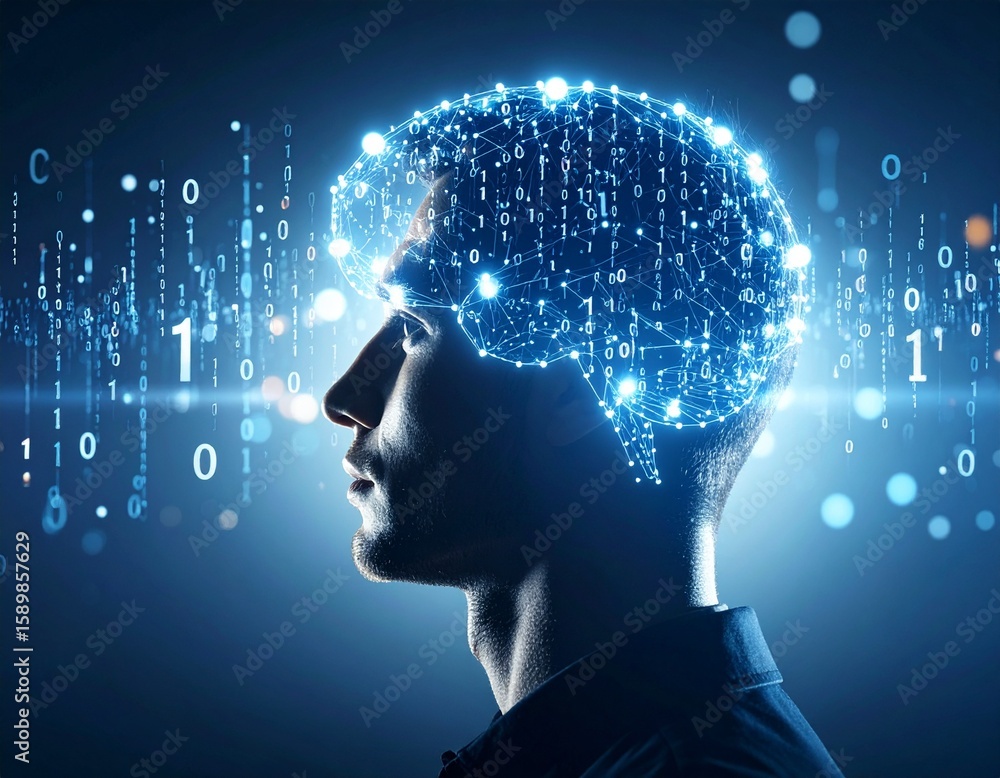 Poster concept of human brain combined with digital data processing technolog
