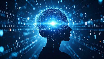 Woman with digital brain concept and binary code background display