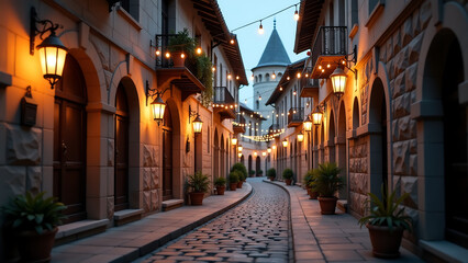 Obraz premium narrow medieval street illuminated soft warm light hundreds delicate lanterns suspended cobblestone pavement casting