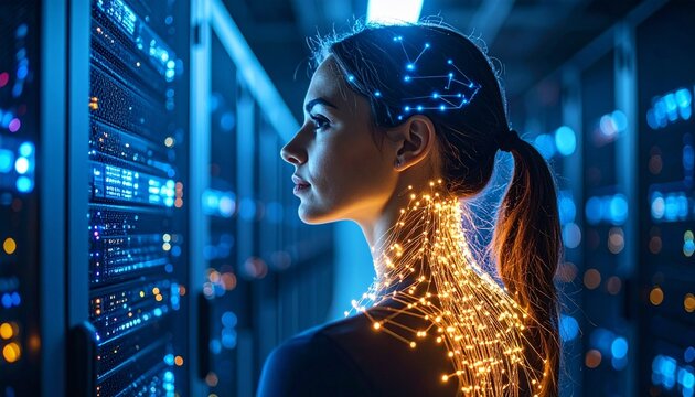 Futuristic woman with light connections in a data center environment