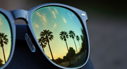 Sunglasses reflecting palm trees at sunset, golden hour tropical scene. Black frames, warm orange yellow reflection, vacation travel concept