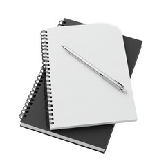 Stacked black and white spiral notebooks, top one with a blank page and a silver mechanical pencil diagonally placed, all on a transparent background with studio lighting, no shadows. Minimalist