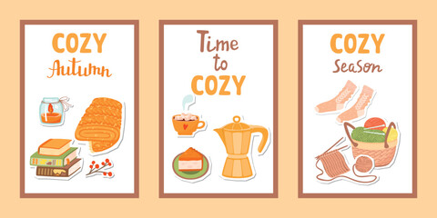 Cozy autumn posters set with knitting, warm socks, books, blanket, candle, coffee maker, cup of drink with marshmallows, cake. Cartoon objects with paper cut shapes, lettering. Vector illustration.