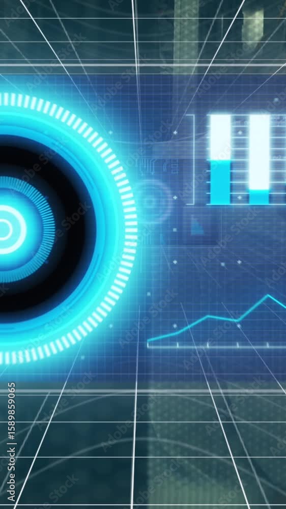 Poster animation of scope scanning and data processing over caucasian male it technician by computer server