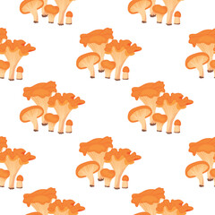 Autumn harvest seamless pattern with mushrooms chanterelles. Forest plants of different sizes. Brown, orange, beige colors on white background. Cartoon print on fabric and paper. Vector illustration.