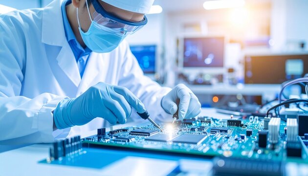 Engineer working on circuit board under bright laboratory lights