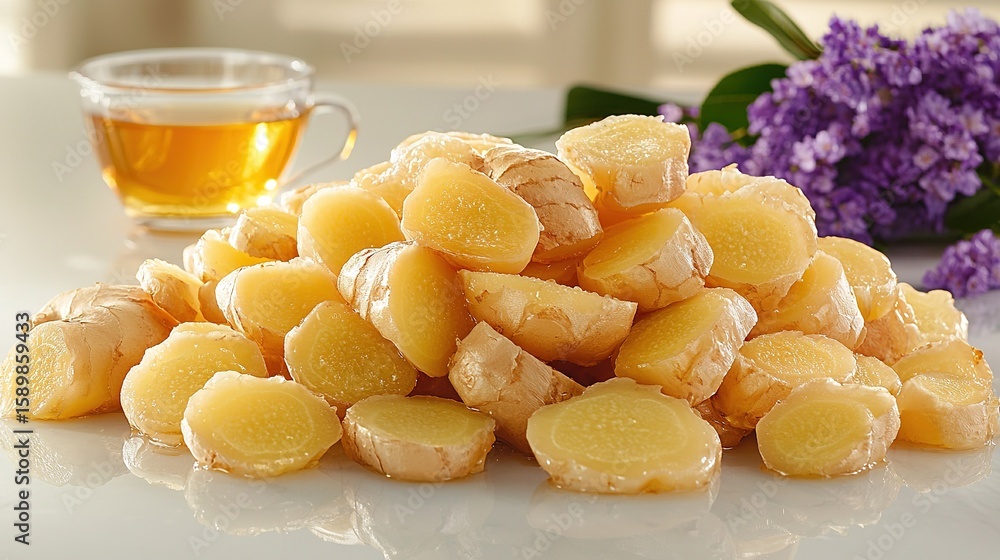 Poster a montage of assorted chopped fruits adjacent to a steaming teacup and a backdrop featuring a vase f