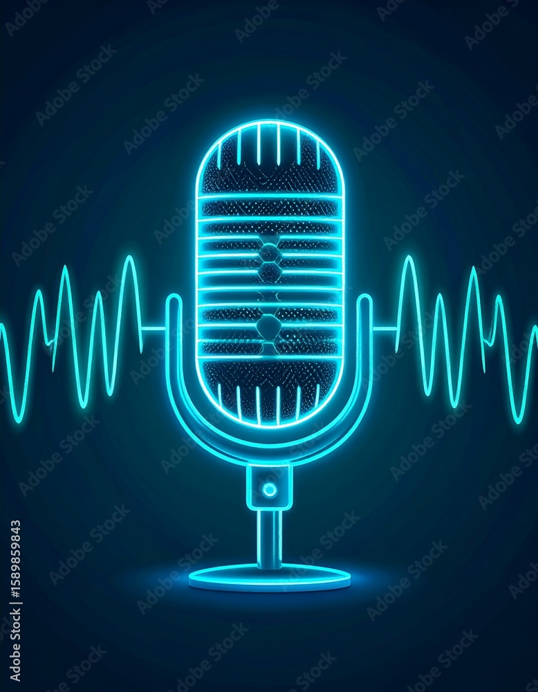 Poster futuristic neon microphone with sound wave visualization in background