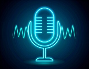 Neon microphone with sound waves glowing in a dark background