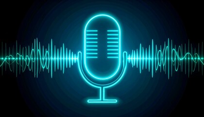 Stylish neon microphone with sound waves on a dark background