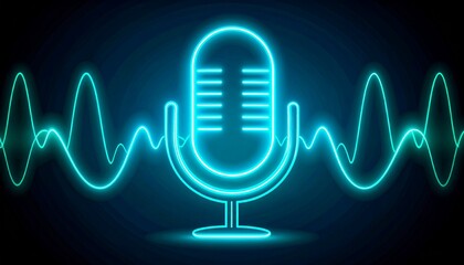 Neon microphone design with sound waves in vibrant blue color scheme