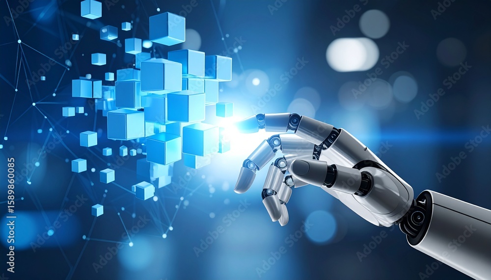 Poster futuristic robot hand interacting with digital cubes in virtual space