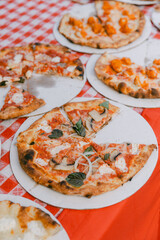 Delicious assortment of freshly baked pizzas on a red checkered table at a casual outdoor event