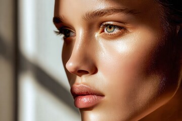 Close up of a woman's face with glowing skin in soft window light