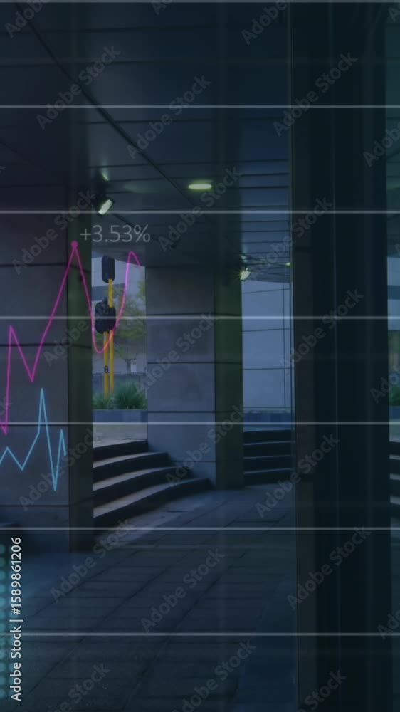 Poster animation of financial data processing over modern building and fast road traffic in city