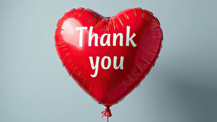 A glossy red heart-shaped balloon with "Thank You" written in white floats against a soft blue background, symbolizing gratitude, love, and appreciation. Celebrations, Cards, and gifts.