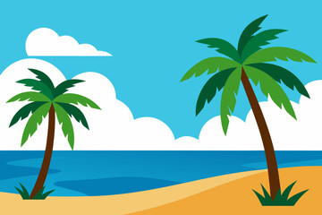 Stylized tropical beach scene with two palm trees and blue ocean under a clear sky