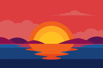 Stylized flat design sunset over water with colorful mountains and clouds
