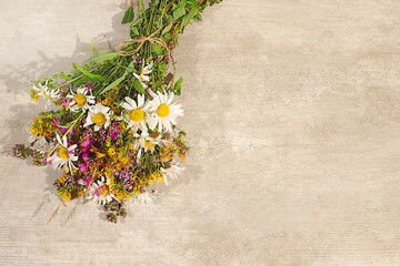 Bouquet with medicinal herbs, concept of alternative folk medicine, advertisement of green pharmacy, collection of useful herbs for treatment according to folk recipes