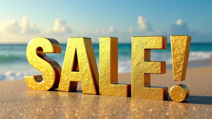 A bold golden "SALE!" sign stands on a sandy beach with turquoise ocean waves and a bright sky. summer promotions, vacation discounts, travel sales. Coastal marketing campaigns.