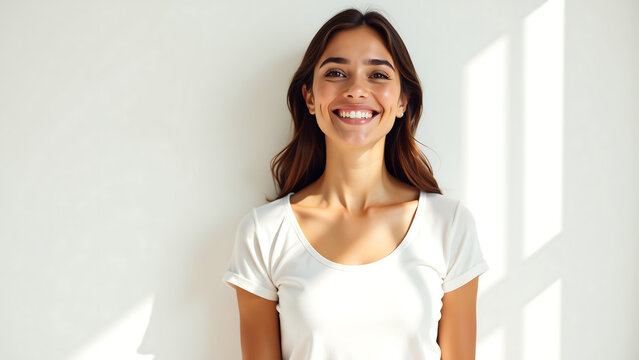 startled yet radiant youthful female stands confidently one hand crisp white backdrop basking soft warm natural light