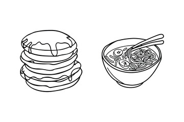 Stacked pancakes with syrup and bowl of noodles with chopsticks