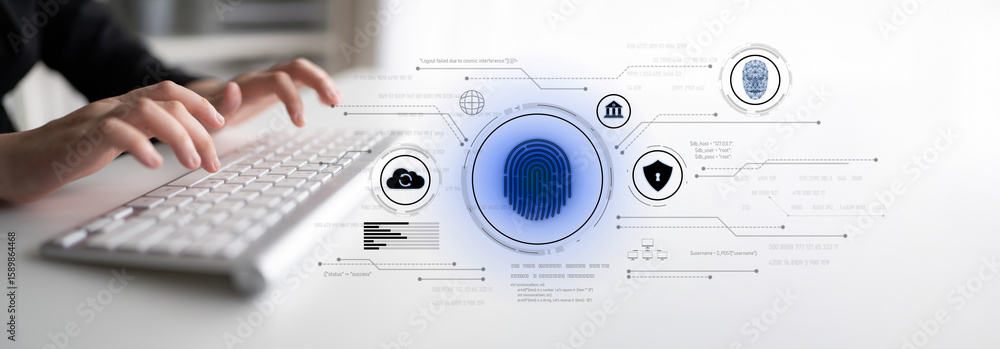 Poster biometric identity system using fingerprint and facial recognition to secure cloud access, protect s