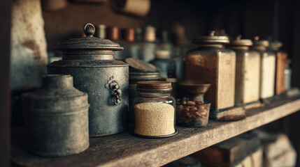 Naklejka premium A rustic shelf filled with vintage jars, metal containers, and various ingredients in a dimly lit setting