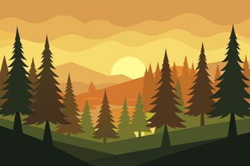 Stylized flat design forest landscape at sunset with rolling hills
