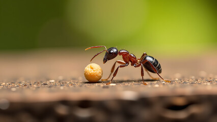 tiny ant carries single grain food antennae set blurred background rough wood texture soft natural