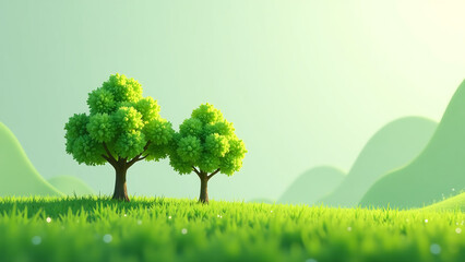 trio minimalist green trees stand sentinel amidst lush emerald grassy field set soft diffused natural light