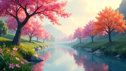 tranquil river valley unfolds beneath canopy pink orange blossoming trees set warm sky surrounded lush greenery