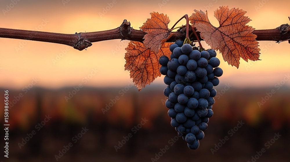 Poster a vine with grapes dangles against a sunset in the background of the image