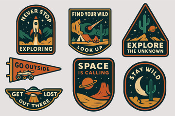 Retro Space and Adventure Badge Set, Cosmic Exploration Quotes and Outdoor-Themed Illustrations for Stickers, Patches and T-Shirts
