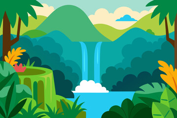 Vibrant tropical waterfall scene with lush greenery and rolling hills
