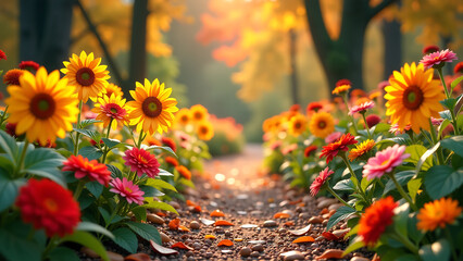 vibrant flower garden path winds kaleidoscope autumn hues lined golden sunflowers crimson dahlias asters