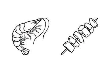 Shrimp And Skewer Line Art Illustration For Seafood Menu