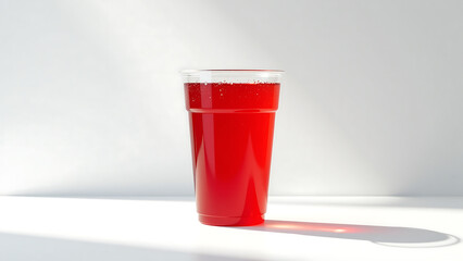 vibrant red soda sits upright clear plastic cup stark white surface surrounded minimalism maximum impact soft