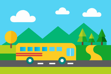 Yellow school bus driving on a road through a scenic landscape with mountains and trees
